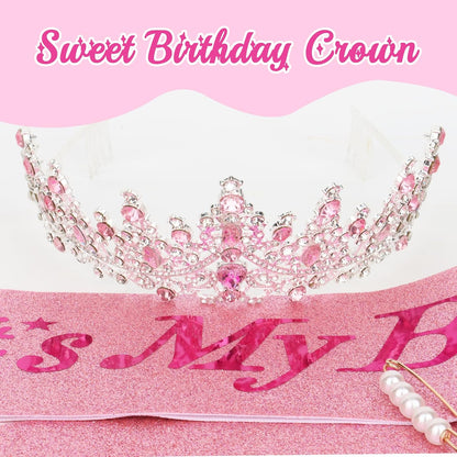 CURASA Birthday Tiara and Sash - Silver Birthday Crown for Women, Perfect for Parties and Celebrations