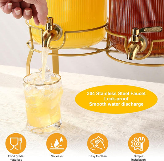 1 Gallon Glass Drink Dispenser with Stand, 2pack Drink Dispensers For Parties, Beverage Dispenser With Bamboo Lid and Stainless Steel Spigot Leakproof, Use On Sun Tea, Juice, Lemonade Dispenser