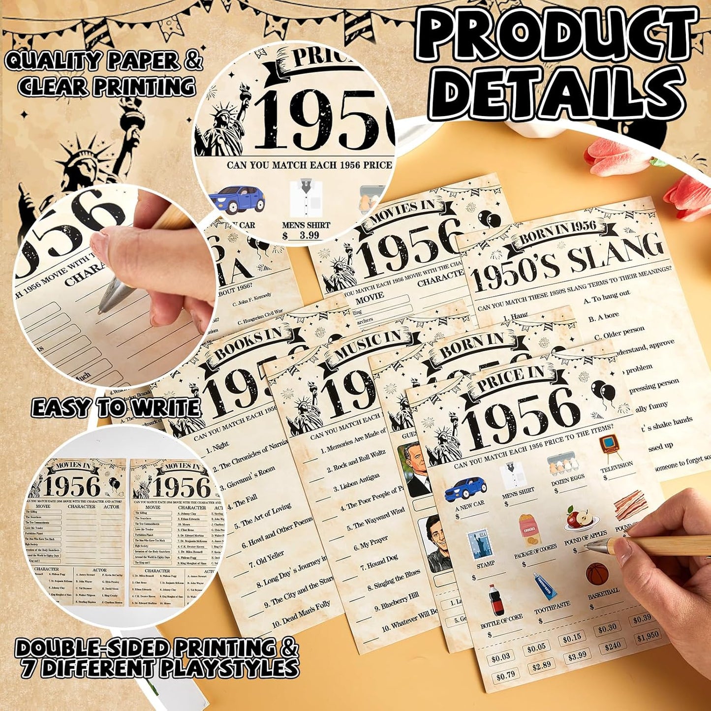 70Pcs 70th Birthday Party Games Born In 1956 Fun 1956 Trivia Music Slang Books Game Double-Sided Game Cards Vintage 70th Birthday Party Supplies for 70 Year Old Activity Anniversary Class Reunion