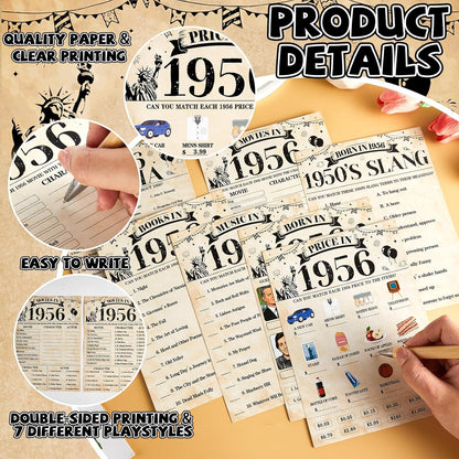 70Pcs 70th Birthday Party Games Born In 1956 Fun 1956 Trivia Music Slang Books Game Double-Sided Game Cards Vintage 70th Birthday Party Supplies for 70 Year Old Activity Anniversary Class Reunion