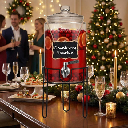 1 Gallon Glass Drink Dispenser Set of 2, Drink Dispensers for Parties, Beverage Dispenser with Stand, Glass Lid, 100% Leakproof Spigot, Ideal for Lemonade, Juice, Iced Tea, Laundry Detergent Dispenser