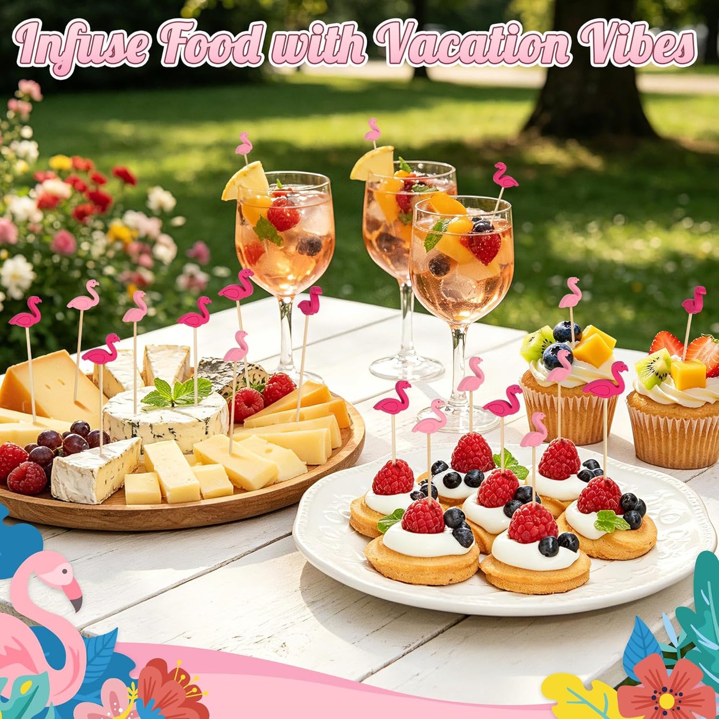 100 Pink Flamingo Cocktail Picks, 4.7 IN Decorative Toothpicks for Appetizers, Bamboo Fruit Skewers Charcuterie Sticks for Food Drinks, Summer Tropical Hawaiian Luau Themed Party Decorations Supplies