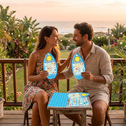YQUQWN 24Pcs Summer Bingo Game, Pool Party Bingo Game for Adults 24 Players Surfboard Design Bingo Cards for Hawaiian Beach Favors School Party Games Kids School Classroom Party Supplies Activity