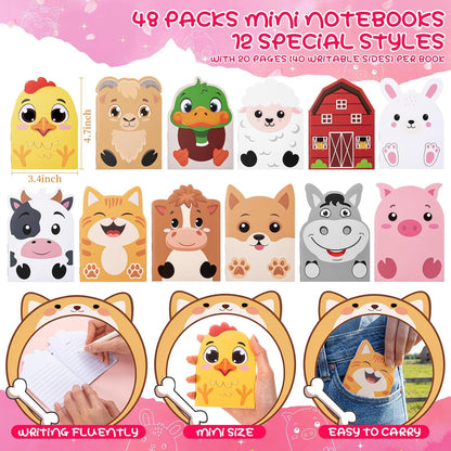 Maxdot 48 Pcs Farm Animals Mini Notebooks Bulk Party Favors Gift Small Cute Pocket Notepads with 20 Sheets, Gifts for Birthday, Back to School Party Classroom Prizes Gift