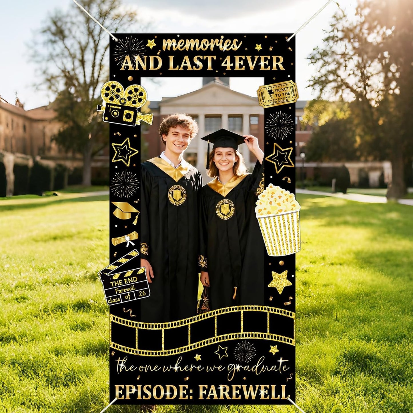Graduation Decorations Class of 2026 Graduation Party Photo Booth Prop Black Gold Movie Background Congrats Grad Backdrop Banner for Middle High School College Party Decorations