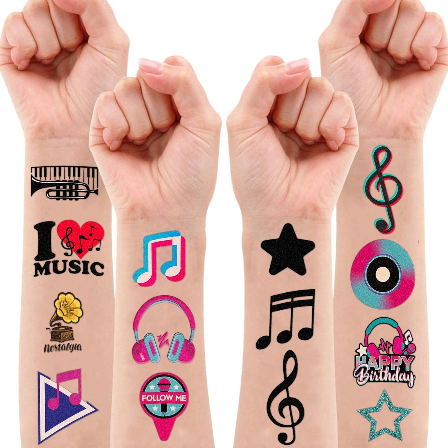 (96PCS) Music Note Notes Musical Motivational Pre-Cut Temporary Tattoos for Kids Birthday Themed Party Supplies Decorations Favors Super Cute Instrument Stickers Tattoo Gifts for Boys Girls Rewards
