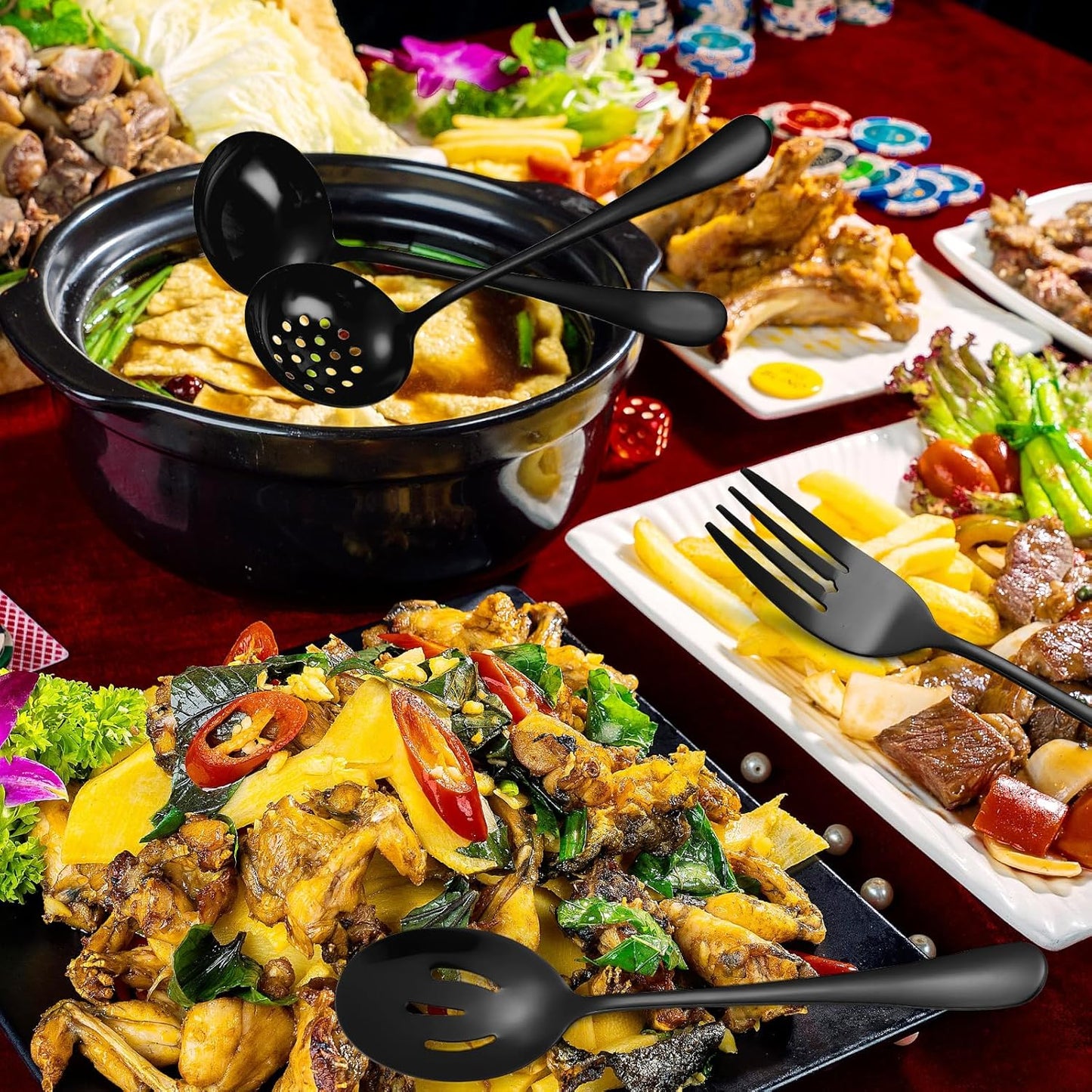 Stainless Steel Serving Utensil Set 10-Piece Buffet Flatware Catering Silverware with Bread Tong,Cake Spatula,Serving Ladles,Salad Fork,Cheese Knife,Large Spoon for Parties Buffet