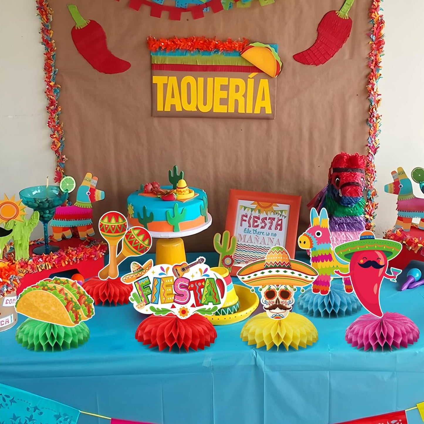 12 PCS Mexican Themed Honeycomb Centerpieces 8" Mexican Fiesta Party Table Centerpiece Cinco De Mayo Party Table Decorations for Taco Birthday Day of the Dead Decoration