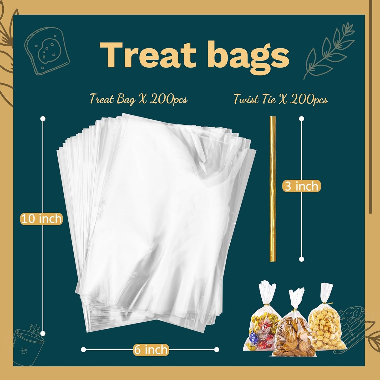 LOKQING Clear Cellophane Treat Bags 6 x 10 in, 100 Pack Mothers Day Gift Bags with Twist Ties, Bags for Cookies, Candy, Party Favors, Bakery Packaging and Small Gifts