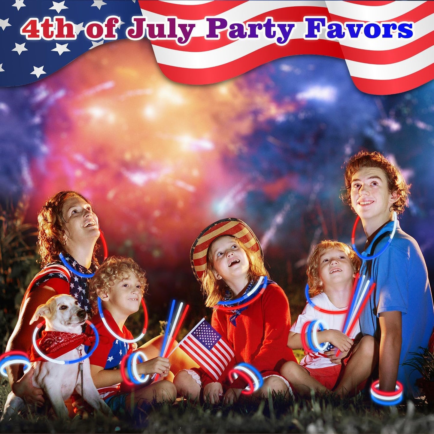 Bulk Patriotic Red White Blue glow sticks 300 PCS,Light up Bracelets Necklaces Accessories for Kids,Glow Party Favors Supplies Decorations for Independence Day, Fourth 4 of July Parade, Birthday, Pool
