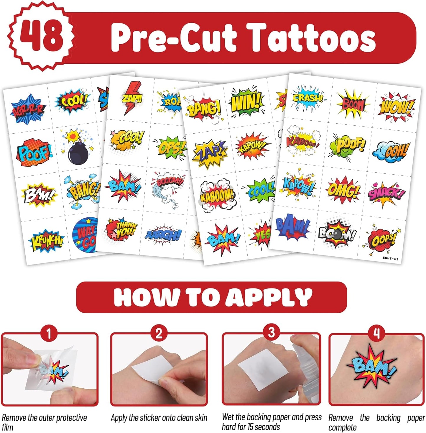 Cherisnowy 72PCS Hero Party Set - 48PCS Temporary Tattoos & 24PCS Slap Bracelets - Themed Pow Birthday Supplies, Baby Shower Gifts, Classroom Rewards & Party Decor for Kids