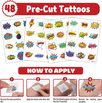 Cherisnowy 72PCS Hero Party Set - 48PCS Temporary Tattoos & 24PCS Slap Bracelets - Themed Pow Birthday Supplies, Baby Shower Gifts, Classroom Rewards & Party Decor for Kids