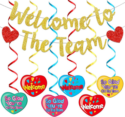 Gold Glitter Welcome To The Team Banner and Hanging Swirls, Welcome Banner, Welcome Sign, Welcome Decorations for New Employee Coworker Teacher Colleague Staff Team Member Office Party