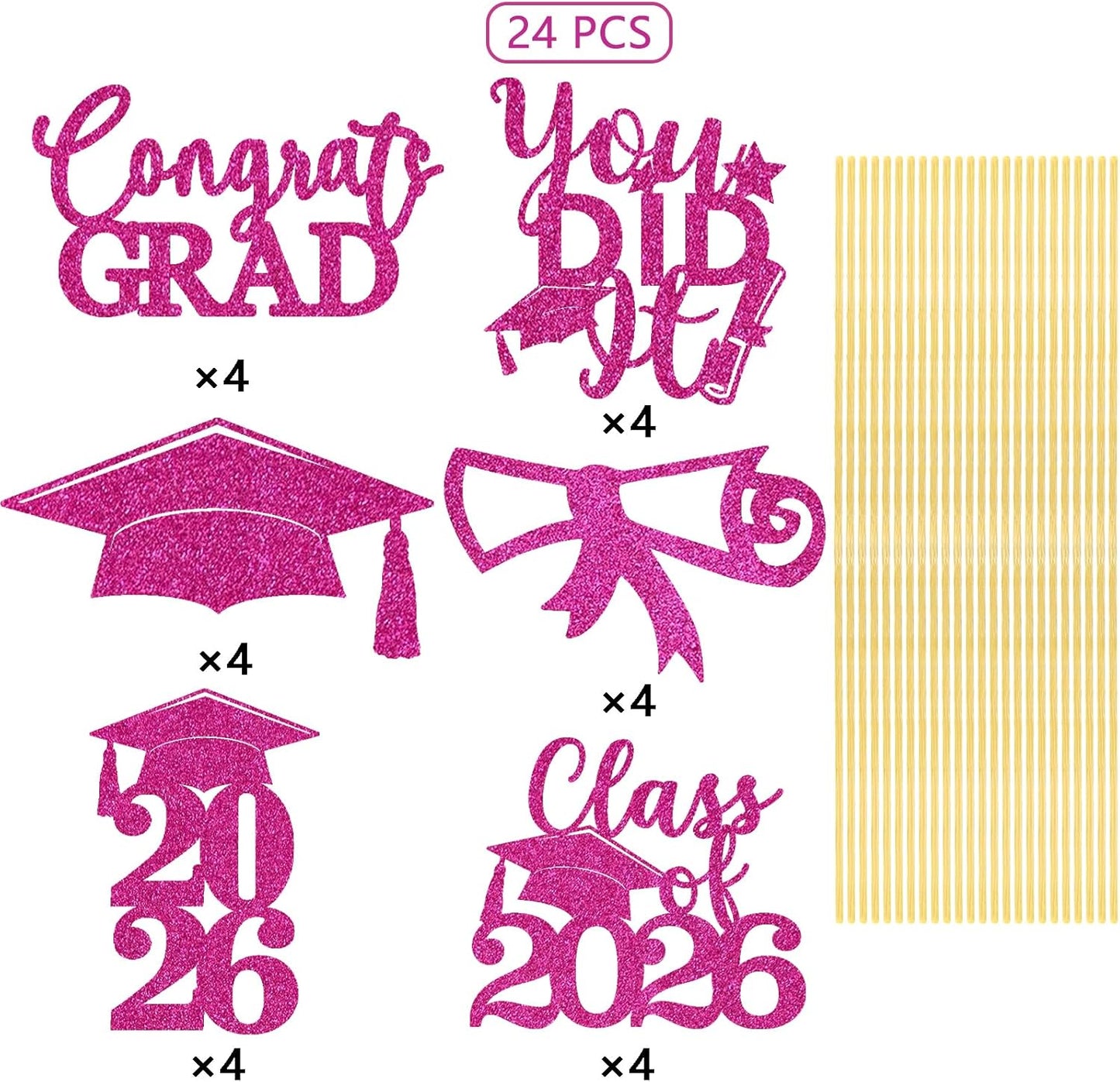 Graduation Centerpiece Sticks 24PCS Glitter Grad Picks Party Table Decor Senior High School College Sign Gold