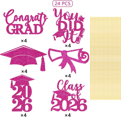 Graduation Centerpiece Sticks 24PCS Glitter Grad Picks Party Table Decor Senior High School College Sign Gold