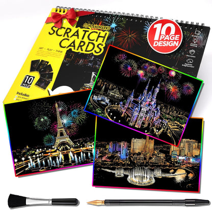 Scratch Art Book(A4-10Page) for Adults & Teens – ASMR Stress-Relieving Scratch Off Art | Paint by Scratch Kit Set | Travel Landmarks & Engraving Art | Creative Gift for Adults (Colorful City Series B)