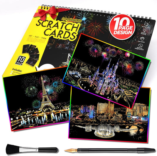 Scratch Art Book(A4-10Page) for Adults & Teens – ASMR Stress-Relieving Scratch Off Art | Paint by Scratch Kit Set | Travel Landmarks & Engraving Art | Creative Gift for Adults (Colorful City Series B)