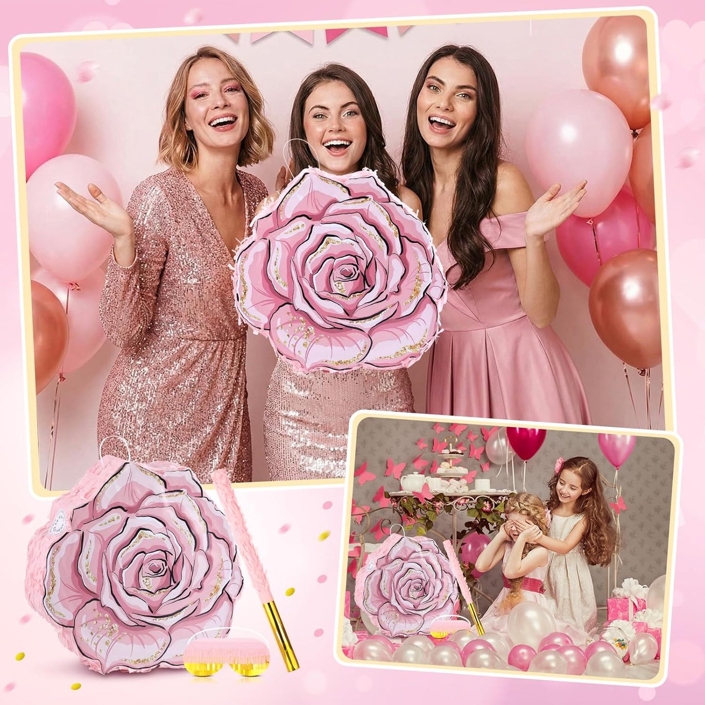 Pink Flower Piñata Set with Blindfold Bat and Confetti Floral Piñata Girls Party Game for Graduation Birthday Baby Shower Gender Reveal Wedding Party (13.78 x 12.99 Inches)