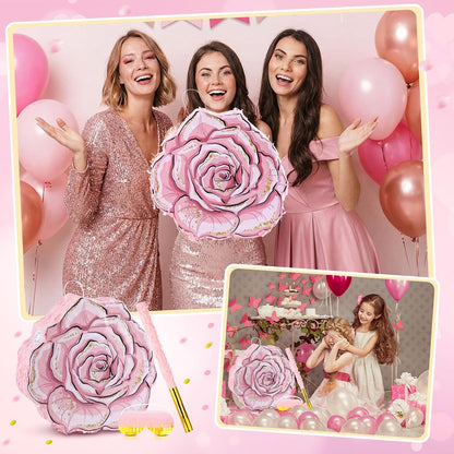 Pink Flower Piñata Set with Blindfold Bat and Confetti Floral Piñata Girls Party Game for Graduation Birthday Baby Shower Gender Reveal Wedding Party (13.78 x 12.99 Inches)