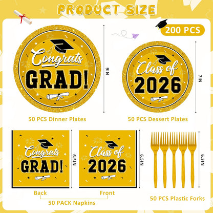 200Pcs Graduation Decorations 2026, Blue Graduation Plates and Napkins Party Supplies for 50 Guests, Disposable Grad Plates, Napkins, Dessert Plates and Forks for Grad Decor Wedding Birthday Supplies
