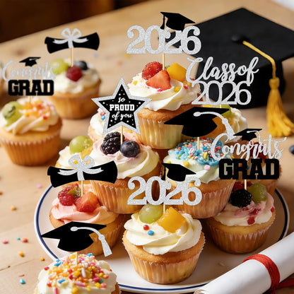 48 PCS Graduation Cupcake Toppers, Glittery 6 Styles Congrats Grad Cake Topper, Black and Red Graduation Decorations 2026, Cap and Diploma Cake Picks for Grad Party Supplies