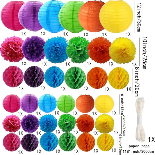 WOLHOWLTD Mermaid Theme Paper Decoration Set - 33 Pcs Paper Lanterns, Pompoms, Honeycomb Decorations for Mermaid Theme, Baby Shower,Wedding Rainbow Birthday Party Home Decoration(Pink Blue Purple)