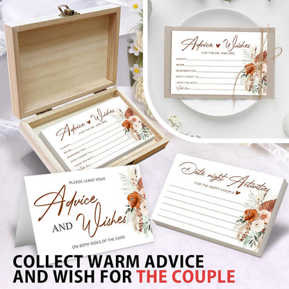 Boho Advice and Wishes for the Mr and Mrs - 50 Packs Wedding Advice Cards Bridal Shower Game Cards with Box Reception Guest Book for Bride Groom Newlywed Engagement Party Decoration -A08