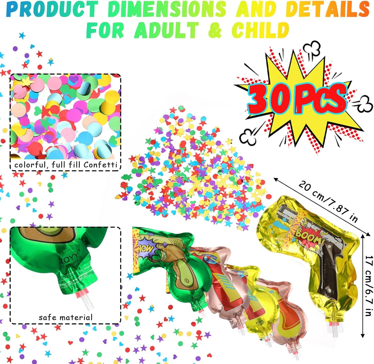 Hungdao 30 Pcs Fireworks Guns Handheld Confetti Poppers Happy New Year Wedding Birthday Graduation Baby Shower Anniversary Multicolor Inflatable Fireworks Gun Confetti Shooter for Party Supplies