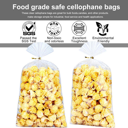 Clear Candy Bags 100pcs 6X10 Cellophane Treat Bag Party Favor Goodie Cake Pop Gift Apple Cello for Gift Baskets Bakery Cookie with Ties