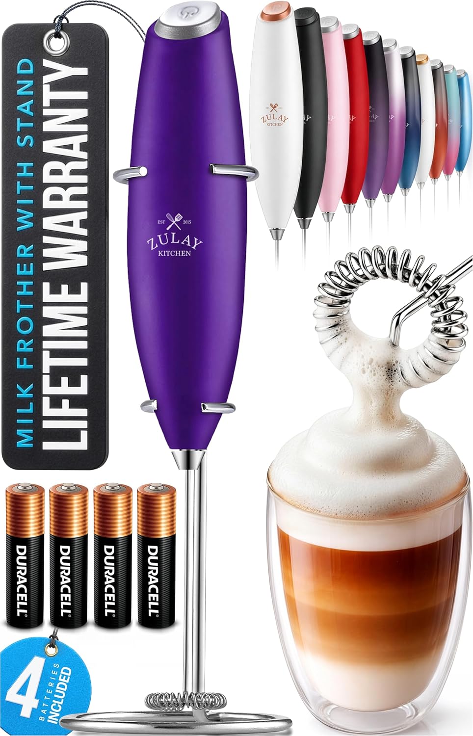 Zulay Kitchen Powerful Milk Frother Wand With Duracell Batteries - Ultra Fast Handheld Drink Mixer - Electric Whisk Foam Maker for Coffee, Lattes, Cappuccino & Matcha - Z1 Motor - Black - Colors C