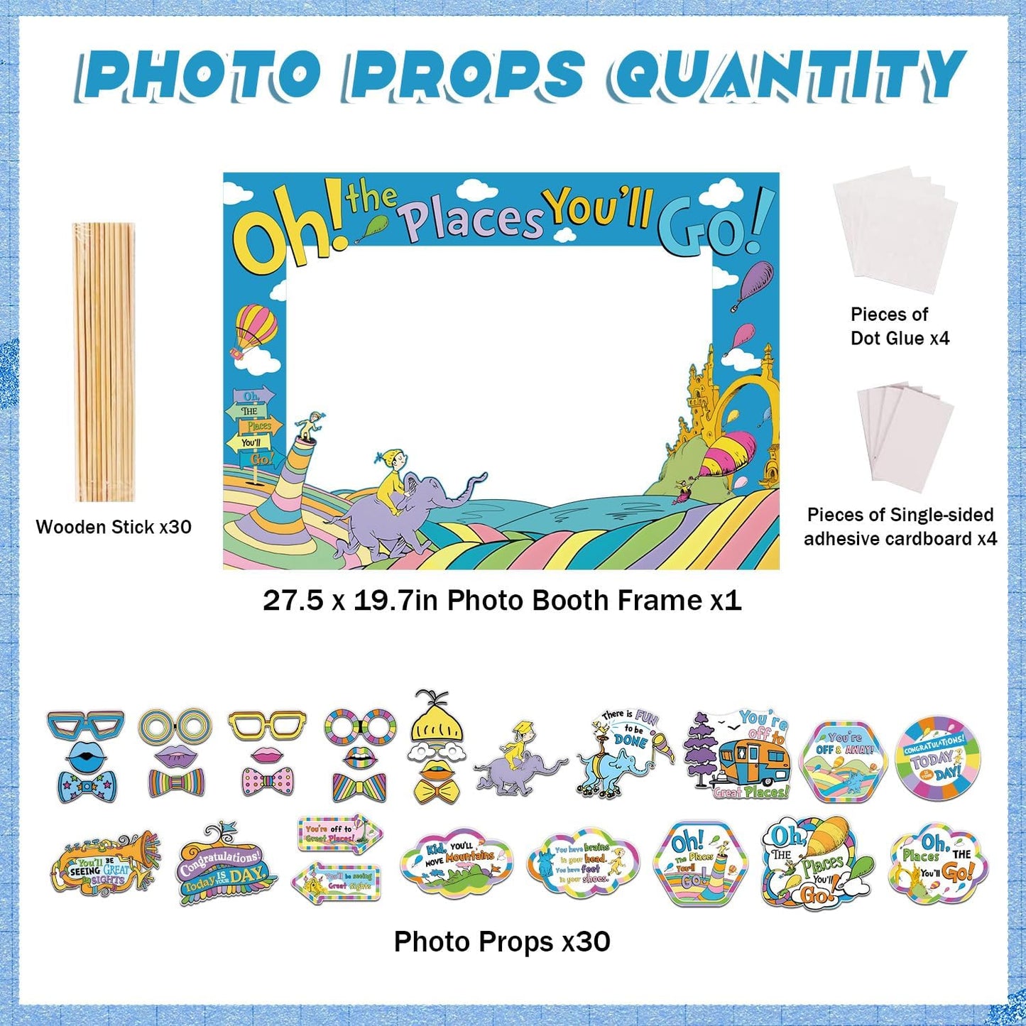 Oh The Places You'll Go Decorations, DIY Large Photo Frame and 30Pcs Selfie Photo Props Kit Dr Seu Birthday Decorations Graduation Photo Booth Props for Kindergarten Graduations Classroom Decor