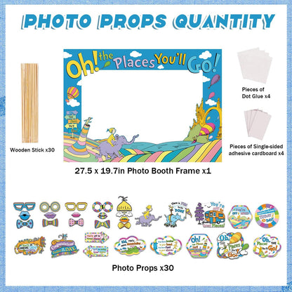Oh The Places You'll Go Decorations, DIY Large Photo Frame and 30Pcs Selfie Photo Props Kit Dr Seu Birthday Decorations Graduation Photo Booth Props for Kindergarten Graduations Classroom Decor