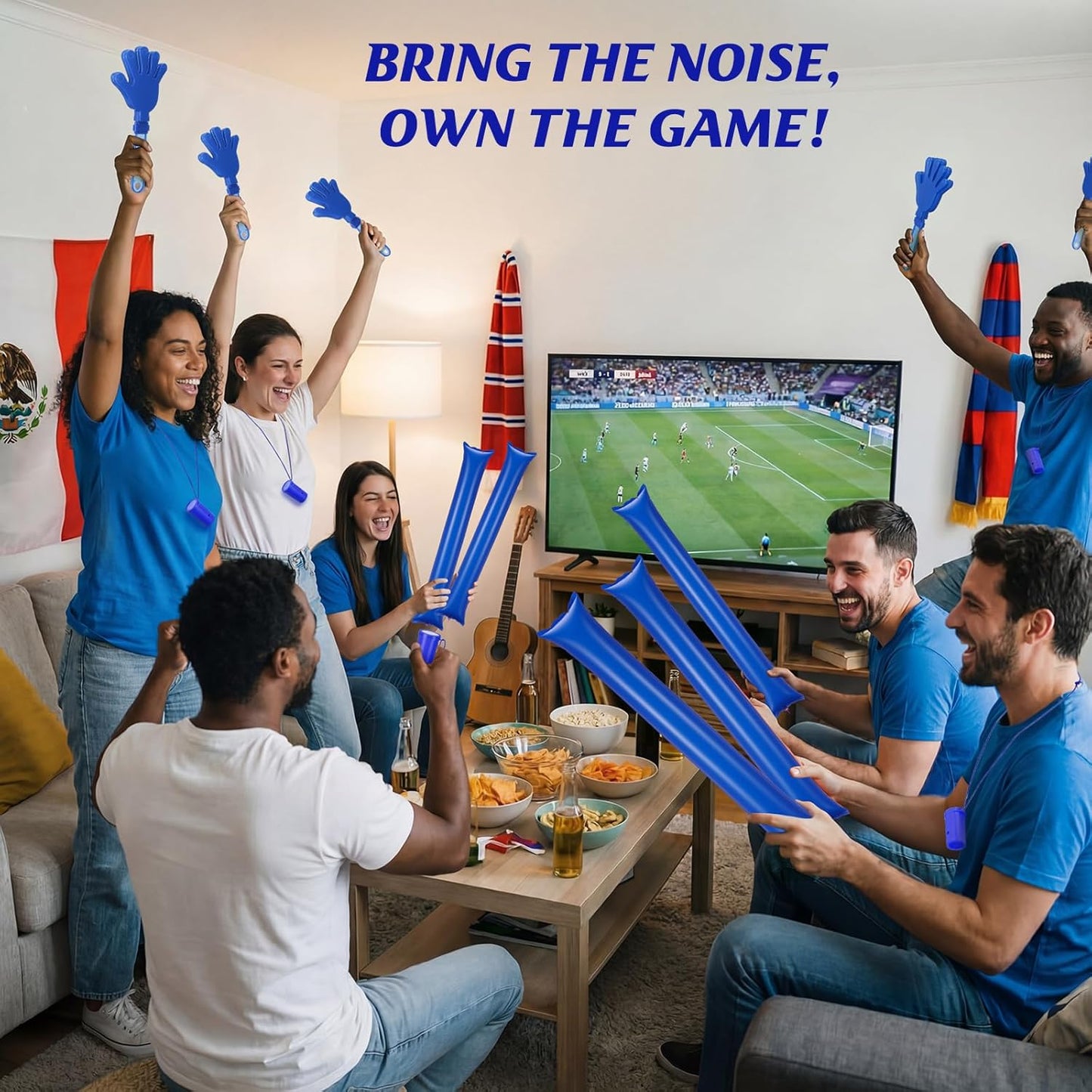 48 Pcs Cheering Noisemakers Set Included 12 Pcs Mini Air Horns Noisemakers 12 Hand Clappers 24 Thunder Sticks for Birthdays Sporting Events (Horn,Blue)