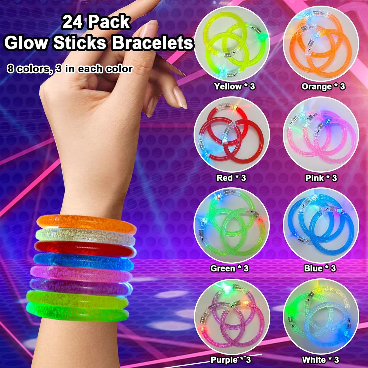 24 Pack Glow In The Dark LED Bracelets,Light Up Bracelets Glow Sticks,Birthday Carnival Neon Party Supplies for Kids Adults,Light up Toys Halloween Party Favors,8 Colors