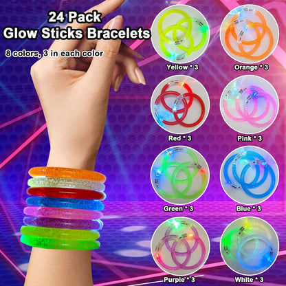 24 Pack Glow In The Dark LED Bracelets,Light Up Bracelets Glow Sticks,Birthday Carnival Neon Party Supplies for Kids Adults,Light up Toys Halloween Party Favors,8 Colors