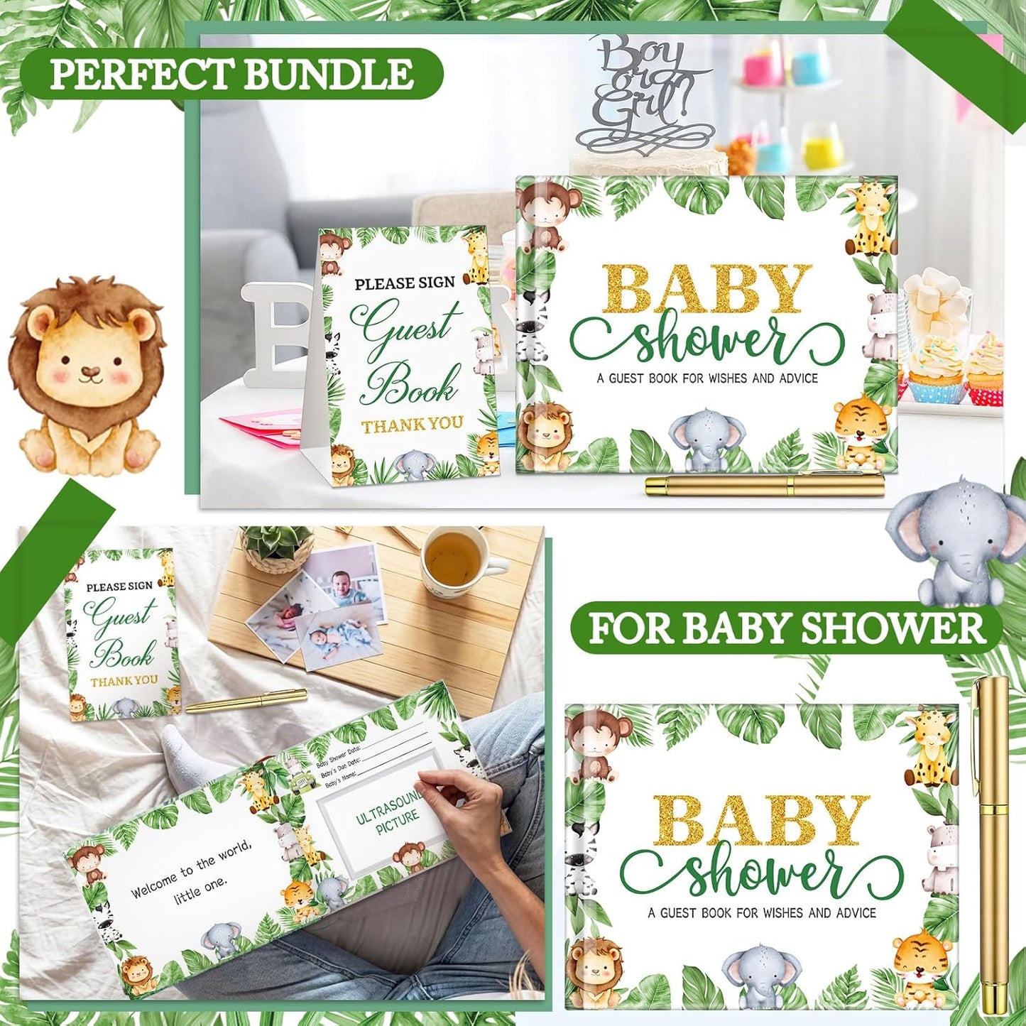 Fuyoooo 27 Pcs Safari Animal Baby Shower Guest Book Set Baby Shower Sign in Guest Floral Book Place Table Cards with Gold Pen Adhesive Photo Corner for Birthday Party