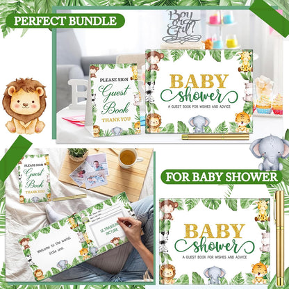 Fuyoooo 27 Pcs Safari Animal Baby Shower Guest Book Set Baby Shower Sign in Guest Floral Book Place Table Cards with Gold Pen Adhesive Photo Corner for Birthday Party