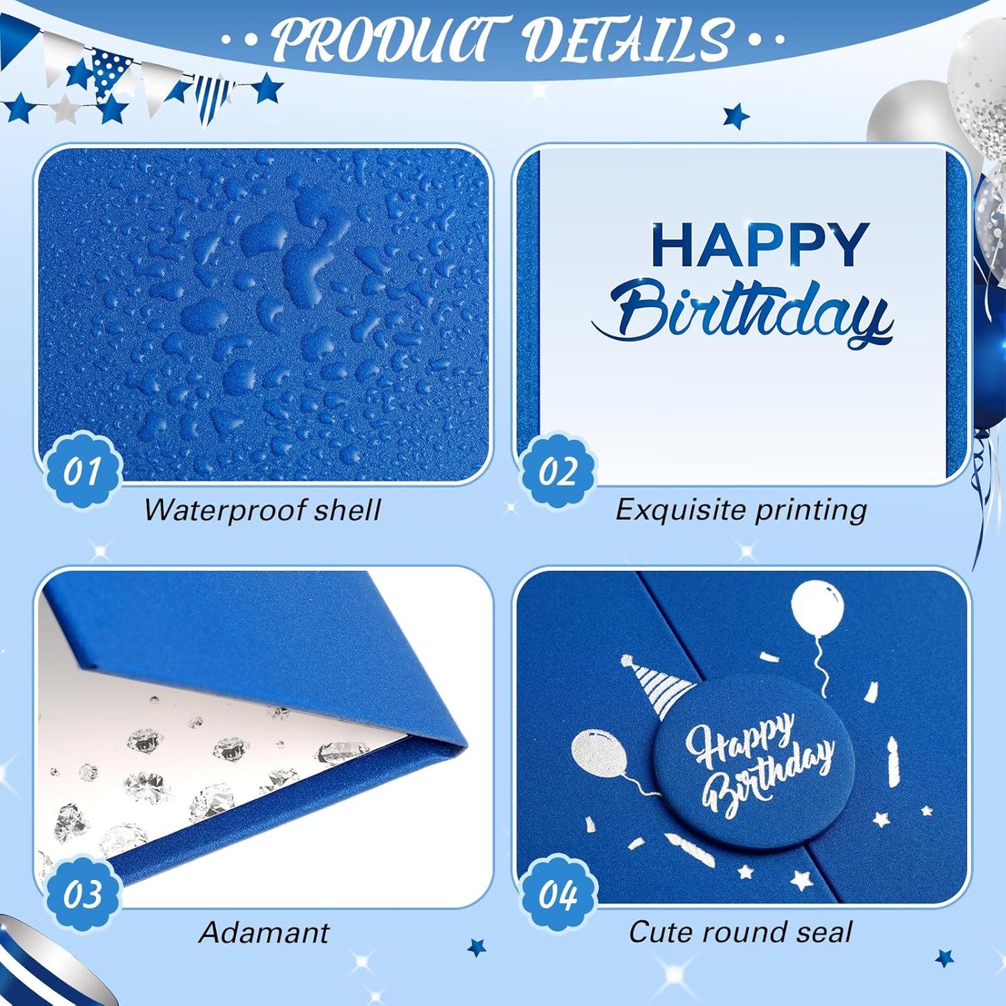 Engrowtic Large Blue and Silver Birthday Guest Book Card Creative Happy Birthday Guest Book Alternative Signature Greeting Card Gifts for Boy Men Baby Shower Decoration Party Supply