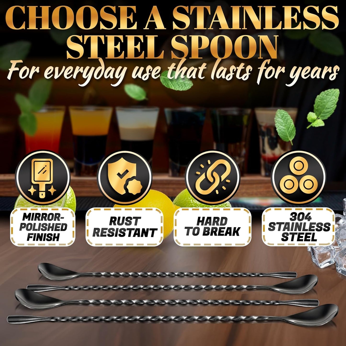 4 Pcs Bar Spoon Cocktail Mixing – Stirs Deep Glasses All the Way to the Bottom, Even Mixing & Easy Drink Layering – 12'' Long Balanced Stainless Steel Cocktail Stirrers for Drinks with Twisted Handle
