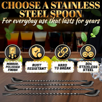 4 Pcs Bar Spoon Cocktail Mixing – Stirs Deep Glasses All the Way to the Bottom, Even Mixing & Easy Drink Layering – 12'' Long Balanced Stainless Steel Cocktail Stirrers for Drinks with Twisted Handle
