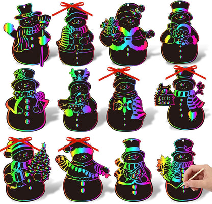 JarThenaAMCS 120Pcs Winter Snowman Scratch Paper Rainbow DIY Scratch Art Magic Scratch Off Cutout with 120Pcs Ribbons 60Pcs Wooden Styluses for Christmas Craft Party Game