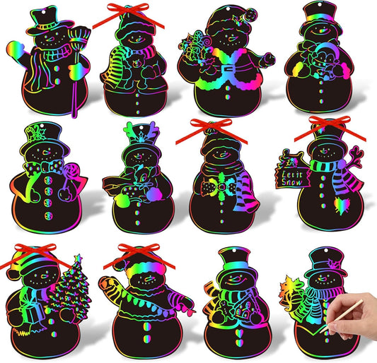 JarThenaAMCS 120Pcs Winter Snowman Scratch Paper Rainbow DIY Scratch Art Magic Scratch Off Cutout with 120Pcs Ribbons 60Pcs Wooden Styluses for Christmas Craft Party Game