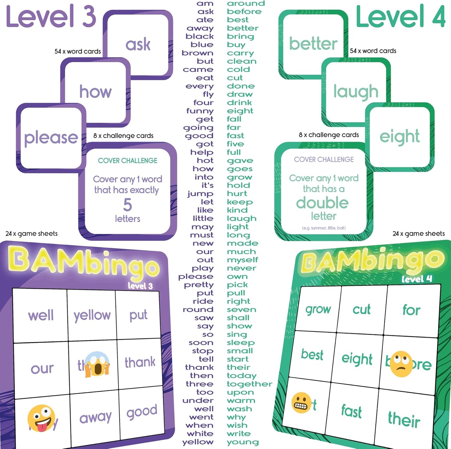 THE BAMBINO TREE Sight Word Bingo Game Level 1 and 2 - Educational Games for Kids - Learn to Read Vocabulary for Kindergarten 1st Grade - Dolch's Fry's Words Lists