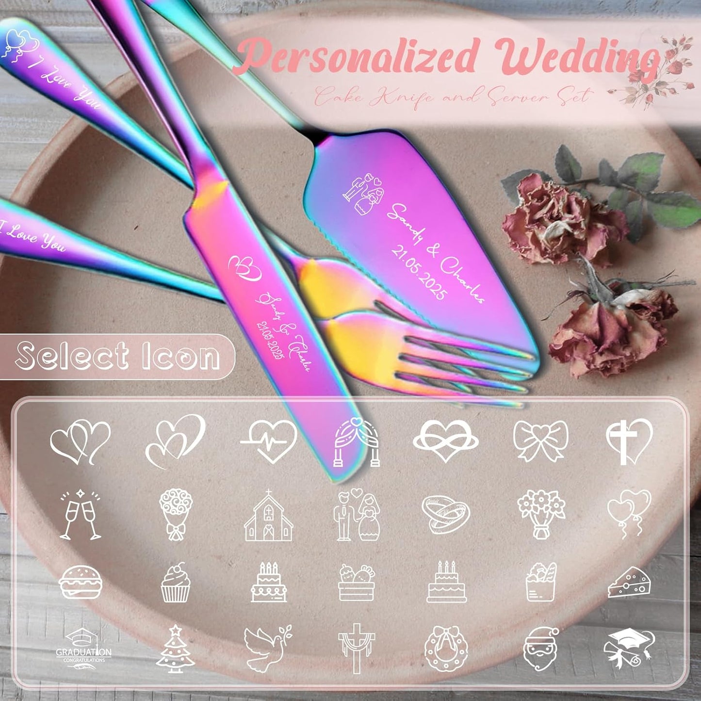 Personalized Cake Cutter Custom Wedding Cake Knife and Server Set Stainless Steel Cake Cutting Set Customize Gifts for Wedding Birthday (Black)