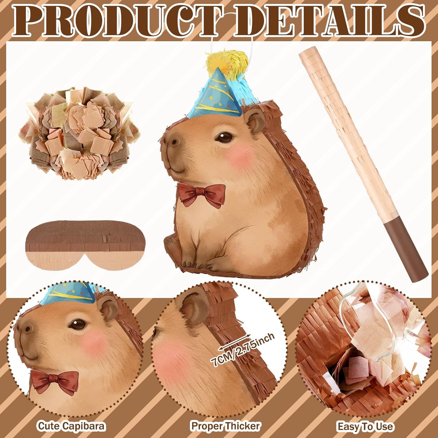 Seematn Capybara Piñata Bundle Capybara Birthday Party Supplies Animal Piñata Bundle with a Blindfold, Bat and Confetti for Birthday Baby Shower Party Decorations