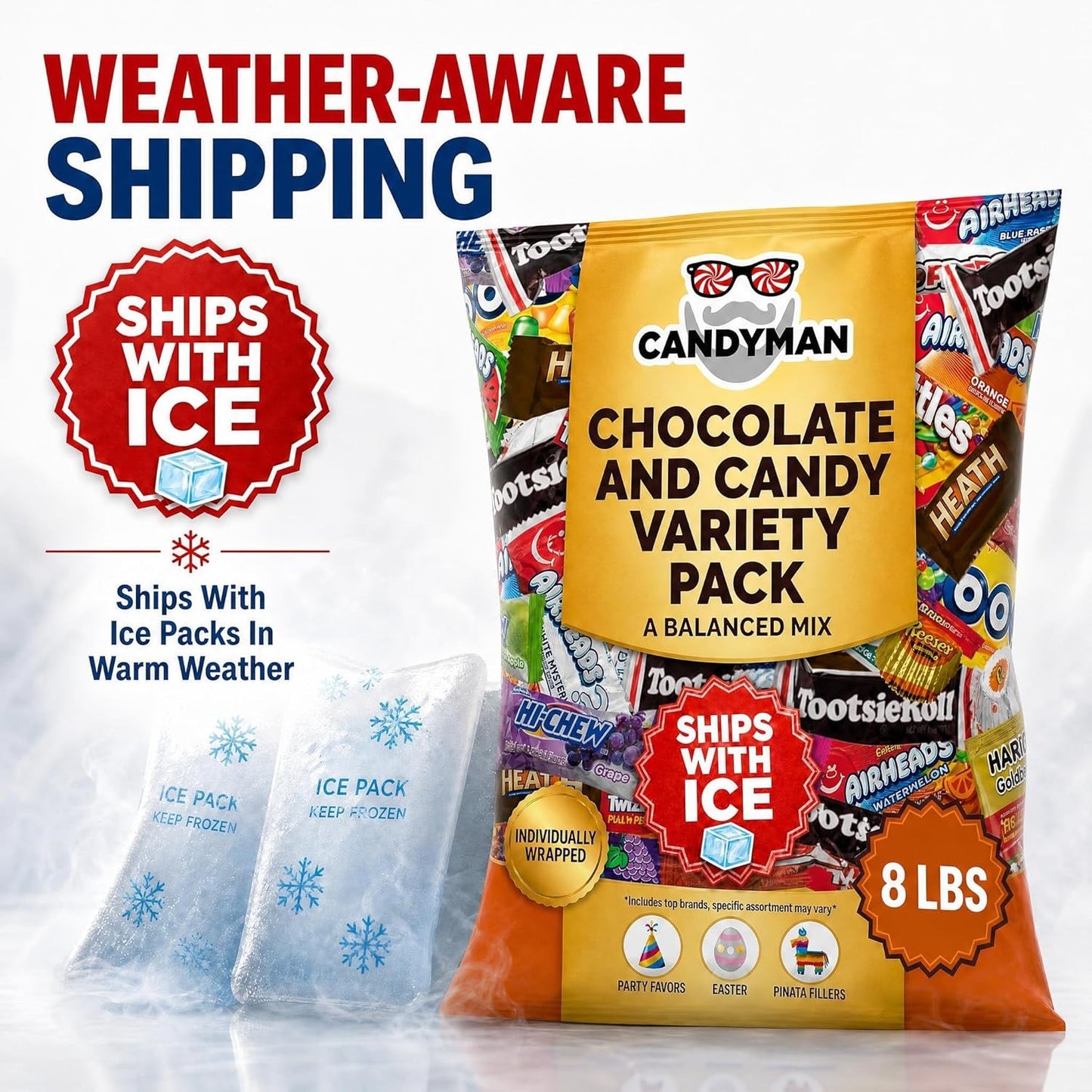 CANDYMAN Bulk Candy Variety Pack - 80+ Pieces, 2 LB Individually Wrapped Chocolate & Candy Mix, Father's Day, Fillers, Piñata Stuffers, Party Favors, Goodie Bags, Father's Day, Ship with Ice