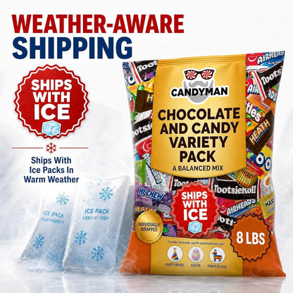 CANDYMAN Bulk Candy Variety Pack - 80+ Pieces, 2 LB Individually Wrapped Chocolate & Candy Mix, Father's Day, Fillers, Piñata Stuffers, Party Favors, Goodie Bags, Father's Day, Ship with Ice