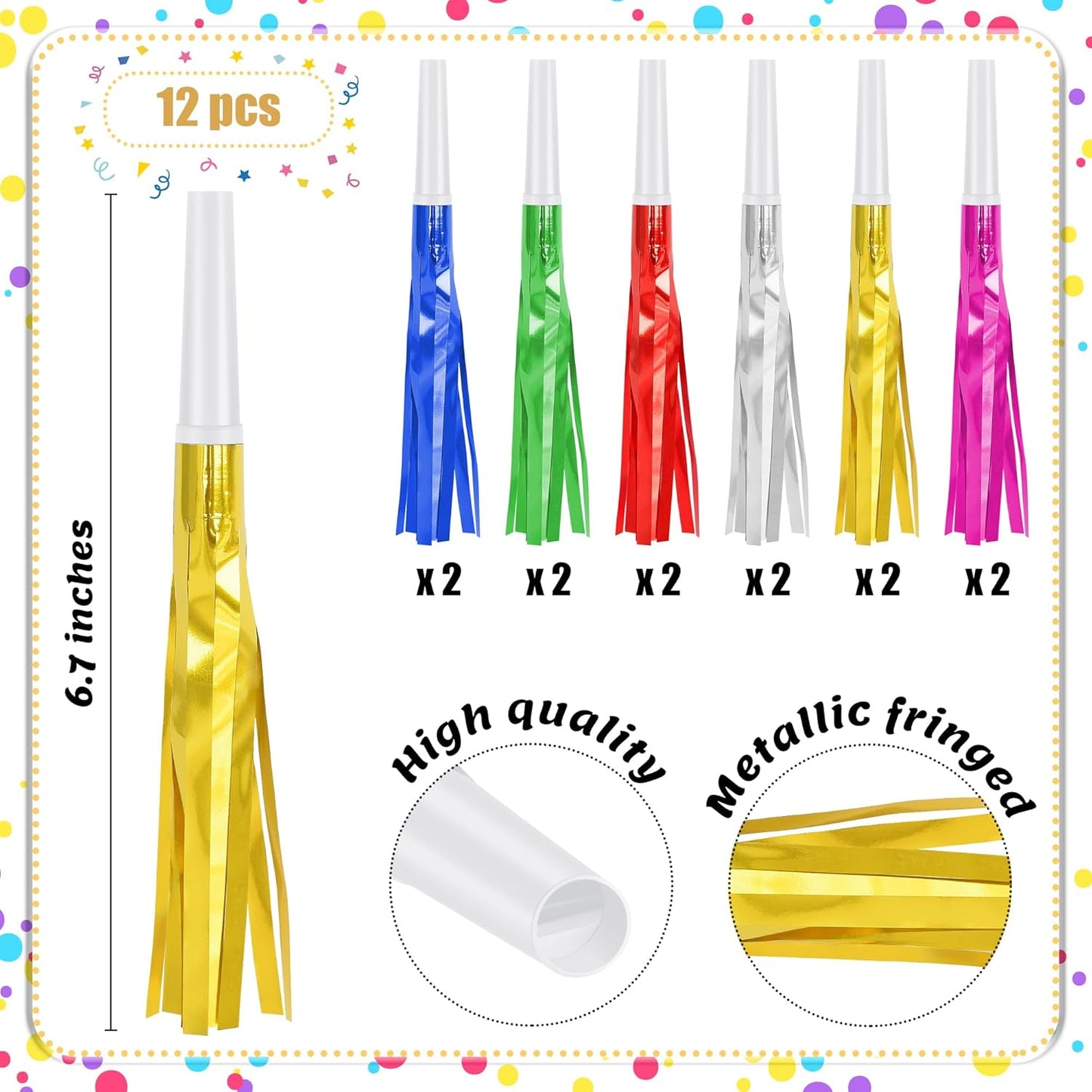 12 Pcs Noise Makers Glitter Metallic Fringed Party Blowers for Birthday New Years Graduation Sporting Events Party Favor Supplies (Mixed Colors)