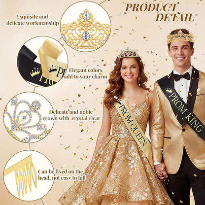Lyrow 4 Pcs Prom King and Queen Crown Set, Prom King Crown with Sash for Graduation, Queen Tiara with Sash for Grad Couple Accessories Homecoming Birthday Party(Cute,Black,White)
