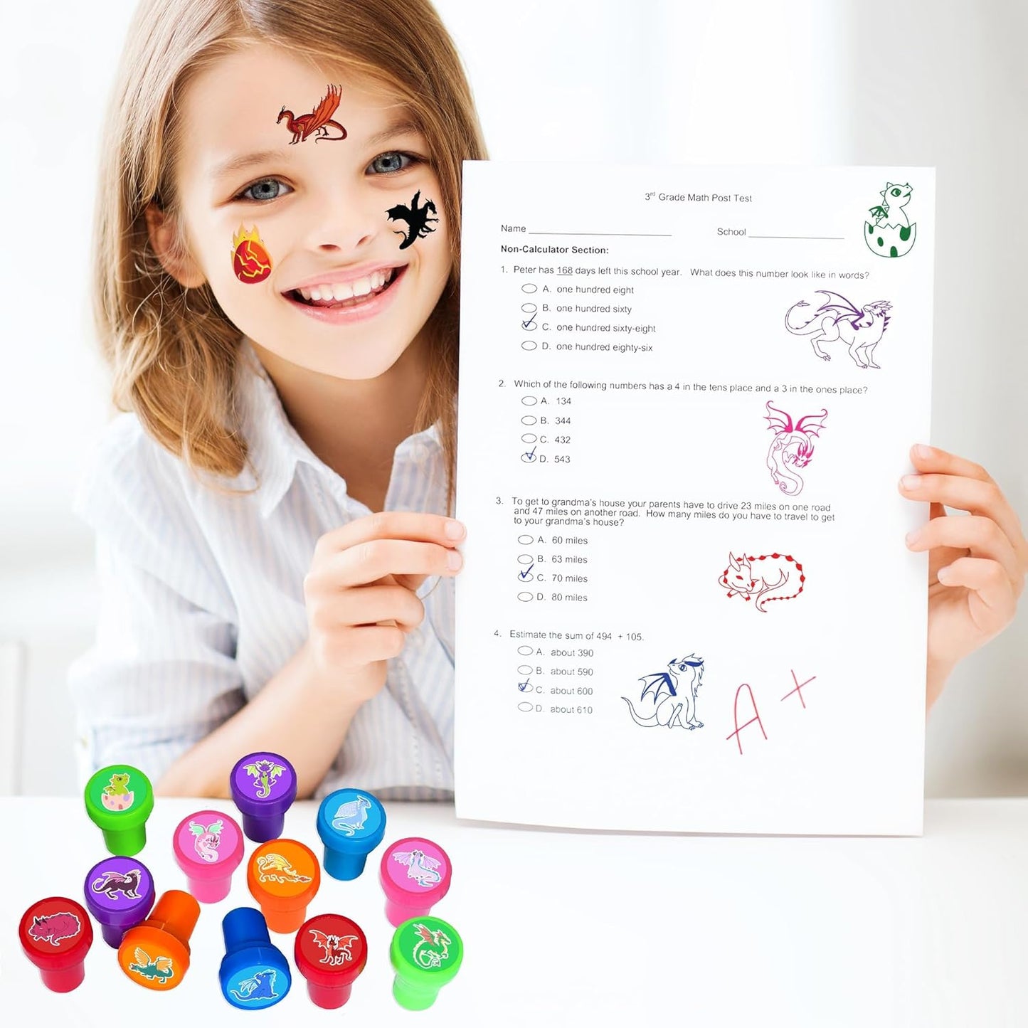 36PCS Dragon Party Favors - 24PCS Pre-Cut Temporary Tattoos & 12PCS Stamps - Ideal Magic Dragon Themed Birthday Card Decorations Supplies Goodie Bag Baby Shower Kids Gifts Classroom Rewards Prizes